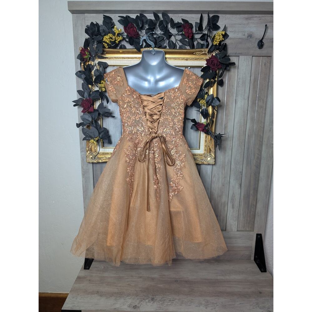 ✨🤎 Fairycore Bronze Corset Dress Glitter Tulle Mini Cottagecore Formal Size 4 - Picture 3 of 6